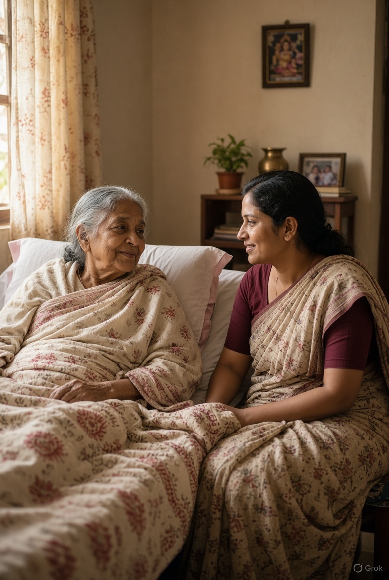 A scene illustrating bedridden patient care at home in India
